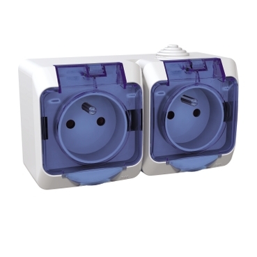 WDE000524 - Cedar Plus - double socket outlet pinE - 16A, shutters, transparent lid, white, Schneider Electric