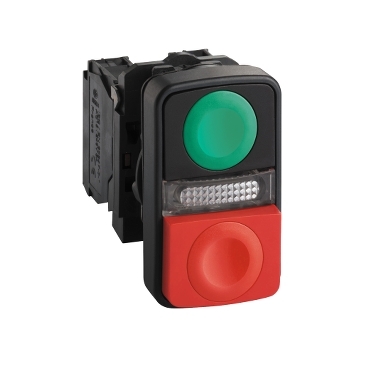 XB5AW73731M5 - green flush/red projecting illuminated double-headed pushbutton diam.22 1NO+1NC 240V, Schneider Electric